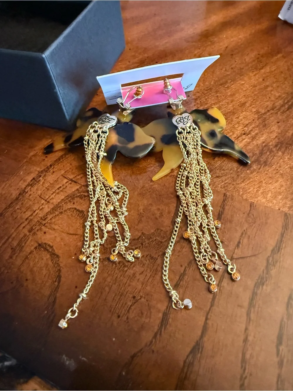 Betsey Johnson Tortoiseshell Amber Floral Drop Earrings with Gold Chains